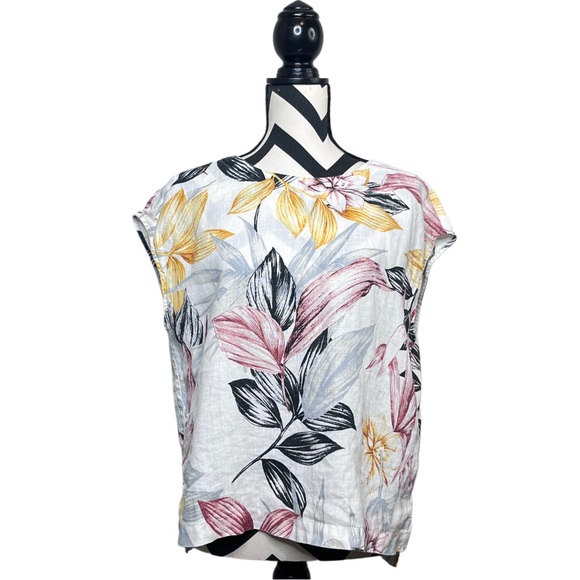 C&C California Botanical Leaf Sz M Tropical 100% Linen Lightweight Blouse - Picture 1 of 10